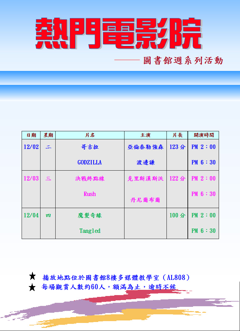 熱門電影欣賞影片播放時間海報,日期2014/12/2~12/4 14:00及18:30, 在圖書館8樓AL808